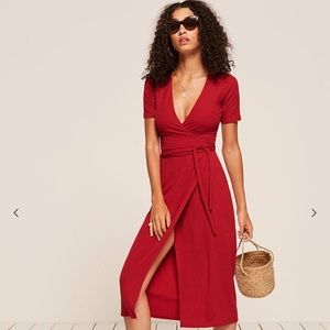 REFORMATION Britton Ribbed Midi Wrap Dress Red XXS